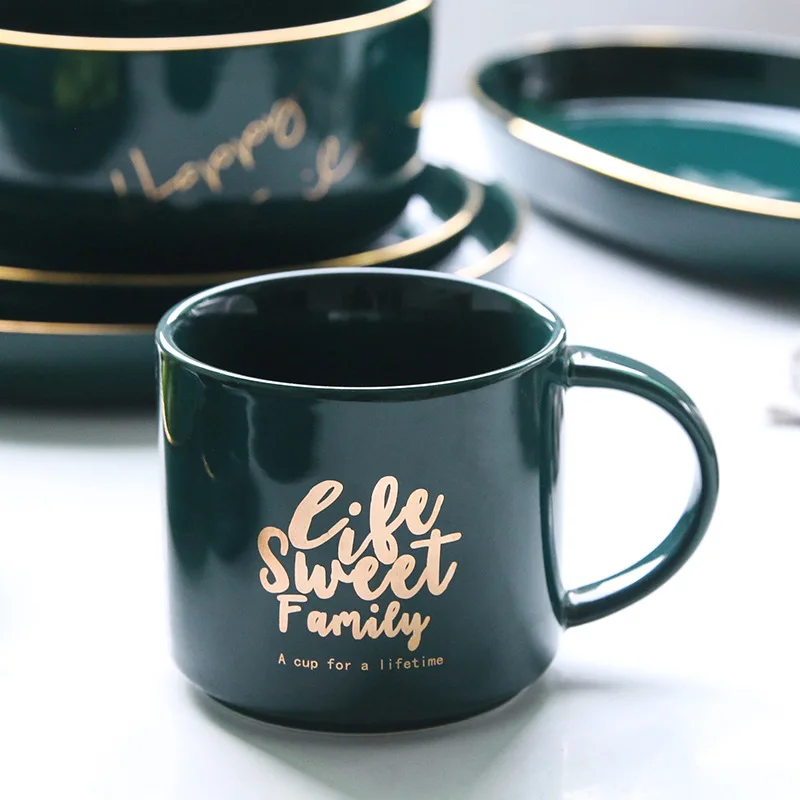 Waliicorners Green gold English letter mug Gold-plated hand-painted Ceramic Mug Coffee Milk Breakfast Cup Cute Porcelain Tea Mugs 6 11310571960_1309884343