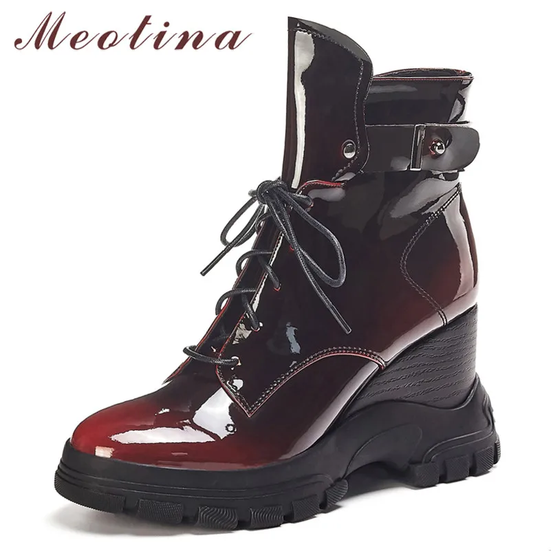 

Meotina Winter Ankle Boots Women Natural Genuine Leather Buckle Wedge Heel Short Boots Zip Super High Heel Shoes Lady Fall 34-39
