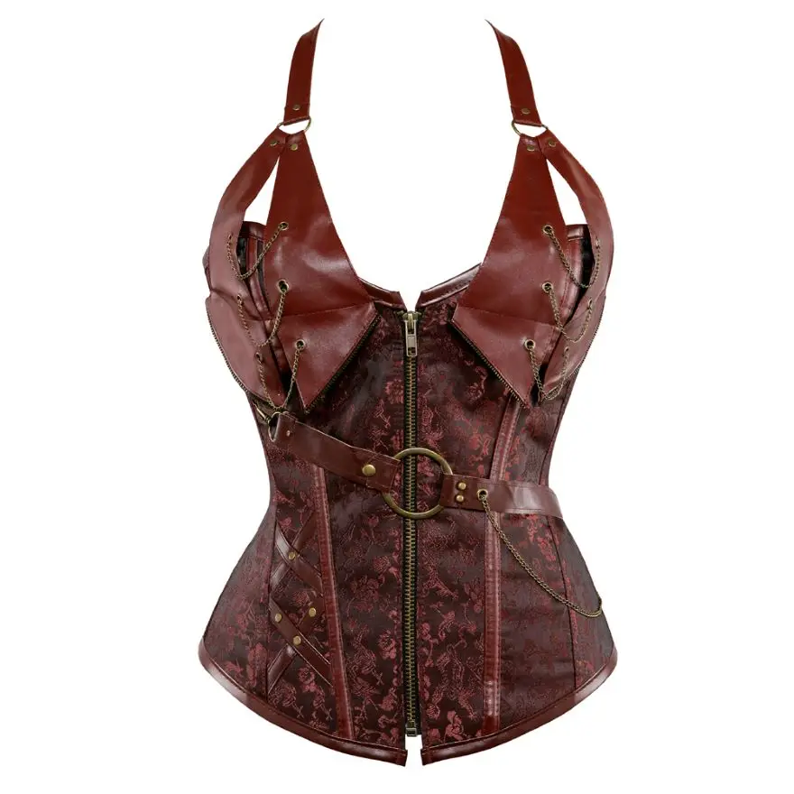 

Steampunk Corset For Women Gothic Faux Leather Zipper Chains Vintage Floral Overbust Corsets & Bustiers Top Plus Size