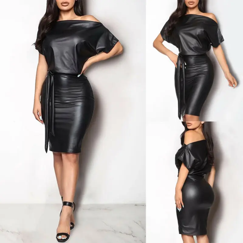 New Women Sexy PU Leather Dress Elegant 