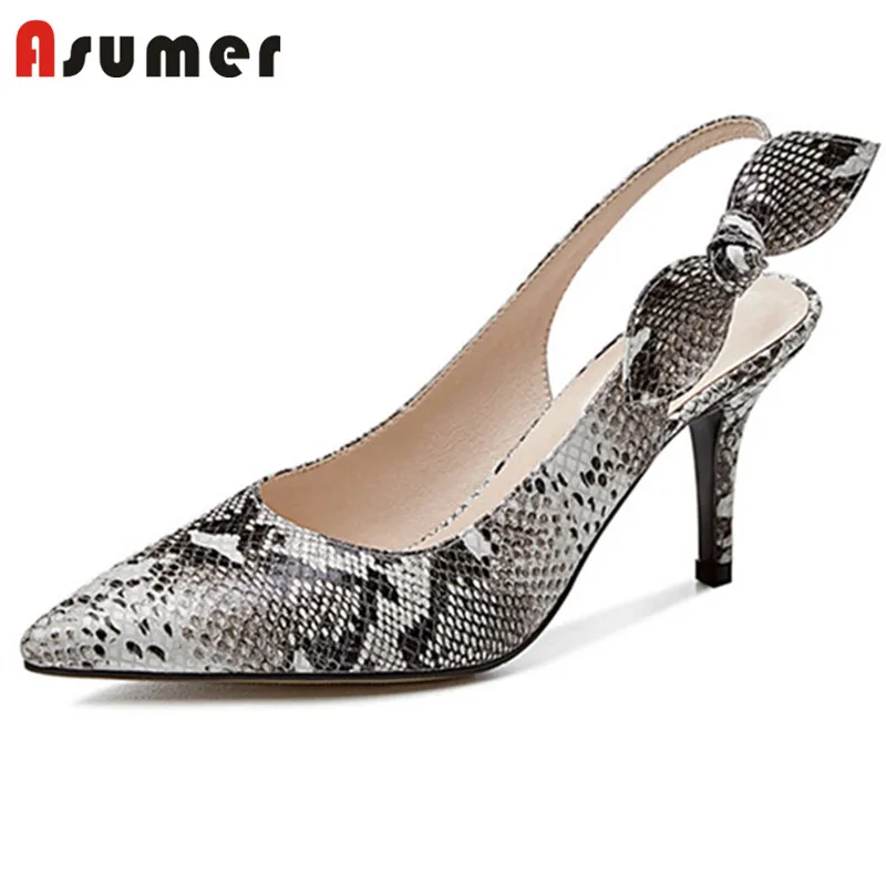 ASUMER/ г., Новое поступление, обувь из натуральной змеиной кожи вечерние летние туфли на тонком каблуке с острым носком и бантом женские туфли-лодочки
