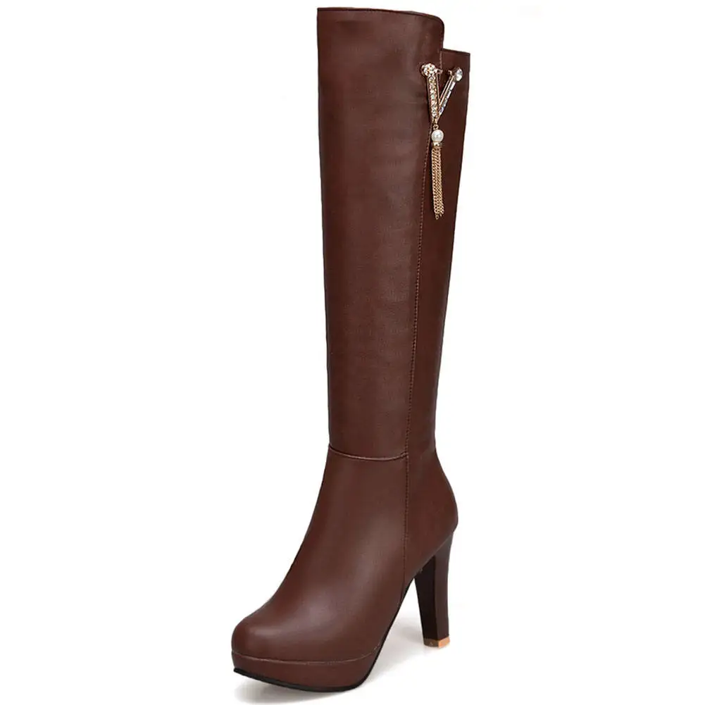 new arrivals big Size 32-43 Chunky High Heels Knee High Boots Woman Shoes Metal Decoration Zip Up Shoes Women Boots - Цвет: Коричневый