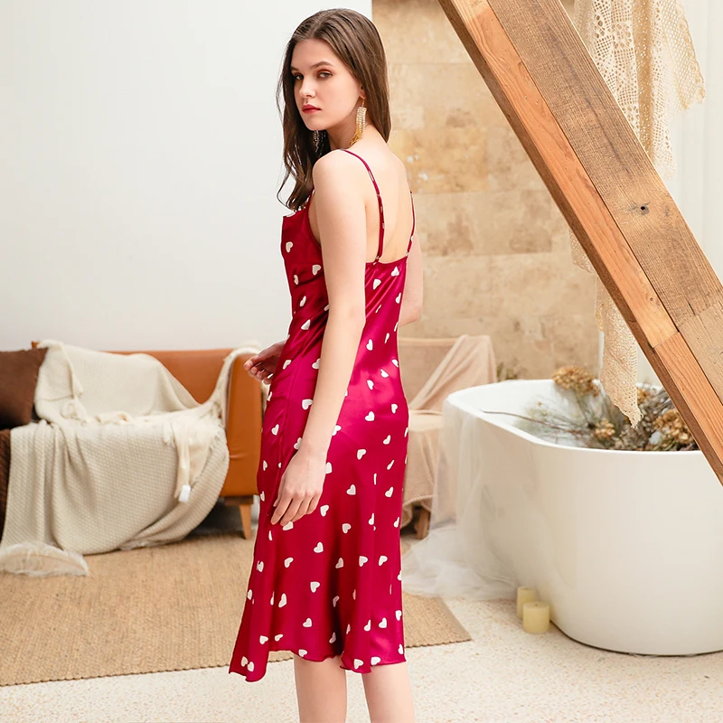 Shetelisi Satin Chiffon Women Long Nightgown Heart Pattern Printing Sleepwear Trim Cute Sweet Outwear Nightie sp0097