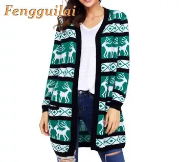 

FENGGUILAI Autumn Winter New Green Women Jacket Long-sleeved Knit Sweater Coat Round Neck Print Christmas Fashion Windbreaker