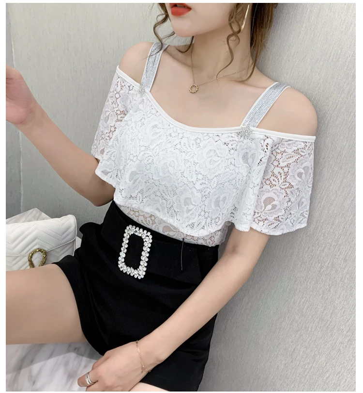 New 2020 summer diamond lace tops ruffled mujer camisetas slim short-sleeved T-shirt women Sexy lace shirt plus size
