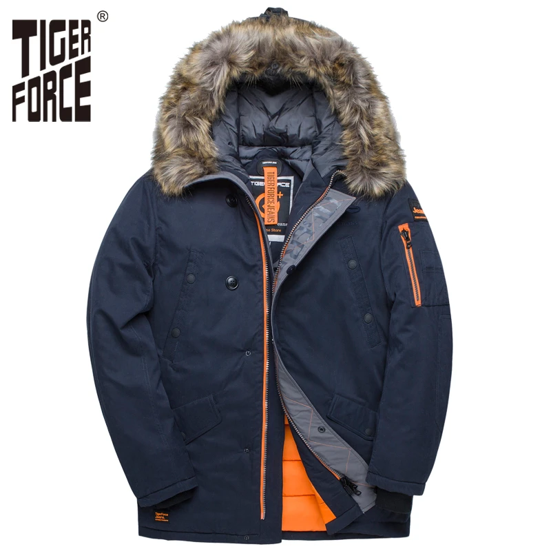 TIGER FORCE Winter Jacket Men Padded Parka Russia Man Winter Coat Artificial Fur Big Pockets Medium-long Thick Parkas Snowjacket military parka