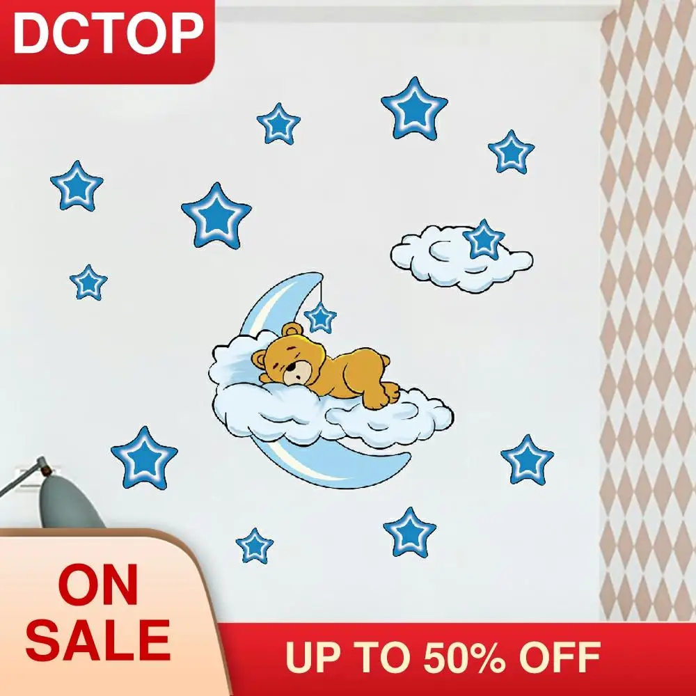Cute Moon Star Bear Wall Sticker Nursery Kids Baby Room Bedroom Home Vinyl Decal Removable Sleeping Space Mural Decor Pattern | Дом и сад