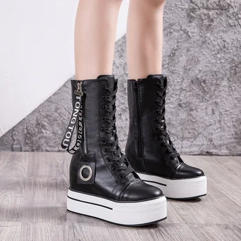 

fund of 2020 autumn winters is higher in female 10 cm thick leather and velvet white British wind bottom ladies boots