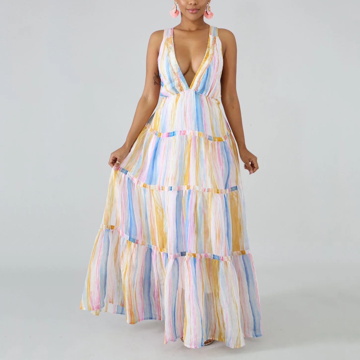 

Women Dress A Line Deep V Neck Floor Length Sleeveless High Waist Backless Fashion For Evening Night Party Elegant Vestido Dress