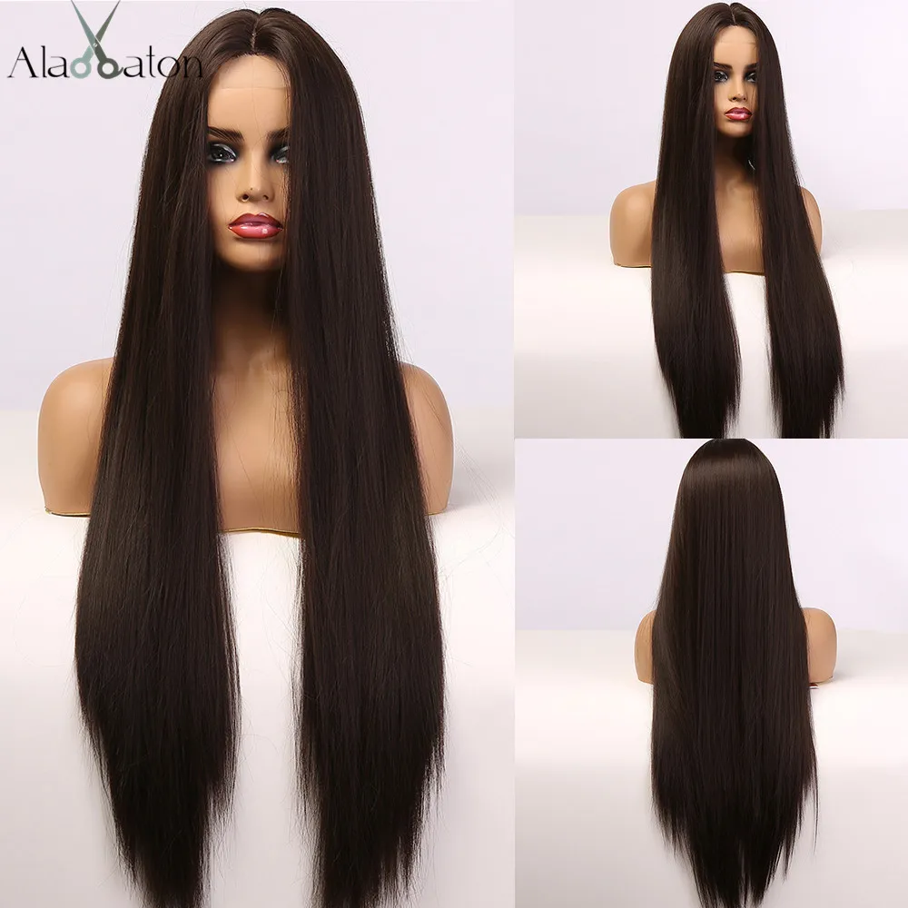 

ALAN EATON Cosplay Lace Wig for Black Women Natural Middle Part Long Straight Synthetic Lace Front Hair Black Dark Brown Wigs