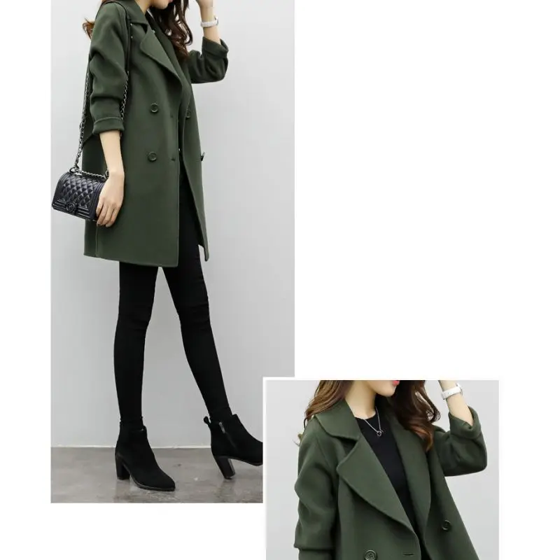 Women Winter Coat Solid Color Lapel Double-breasted Casual Long Sleeve Warm Wool Slim Coat Brown 2XL NEW