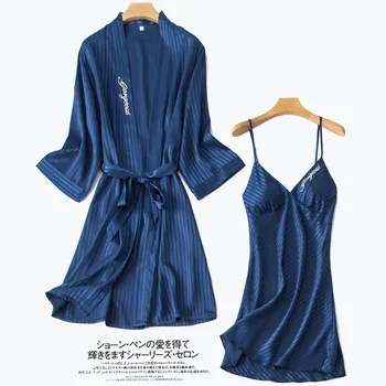 

Navy Blue 2PCS Robe Set Embroidery Kimono Bathrobe Gown Young Lady Satin Sleepwear Sexy Nightgown Bride Bridesmaid Wedding Gown