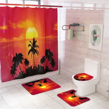 

Red Beach Shower Curtain In Bathroom Waterproof Bath Curtains 3D Coconut Palm Seascape douchegordijn landschap Nordic