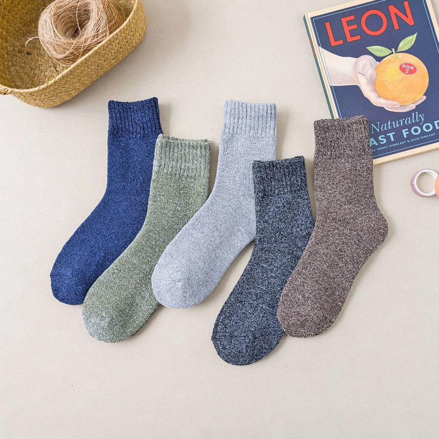 Мужские деловые хлопковые носки, одноцветные теплые шерстяные плотные льняные носки средней длины, Повседневные Удобные зимние мужские носки-Тапочки