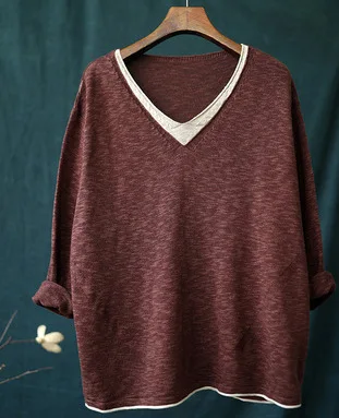 Autumn T-shirt Women Loose Knitting Fake two pieces Pullovers New Ladies Tops V-Neck Casual All-match T-shirt Tops