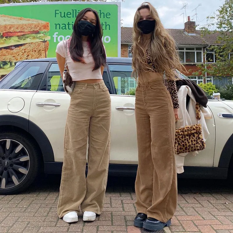 Винтажные Вельветовые женские мешковатые штаны в стиле Харадзюку коричневые