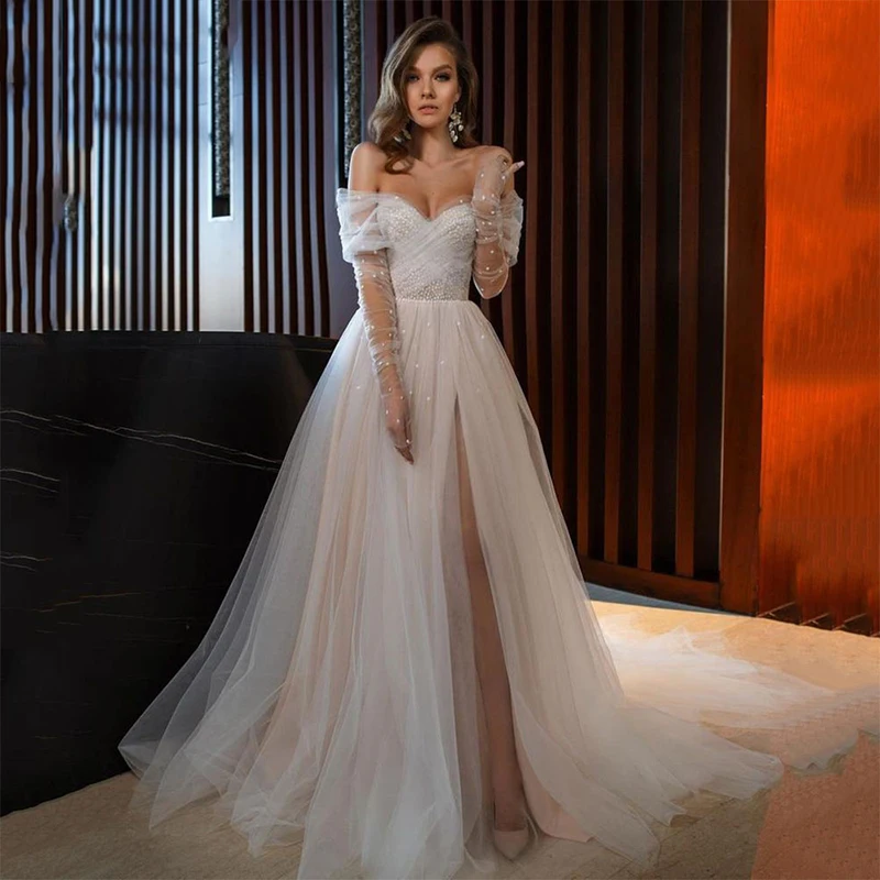 Luxury A-Line Wedding Dresses Tube Top Transparent Tulle Long Sleeve Gowns Sequins Sexy High Split Robe de mariée Tailor-Made |