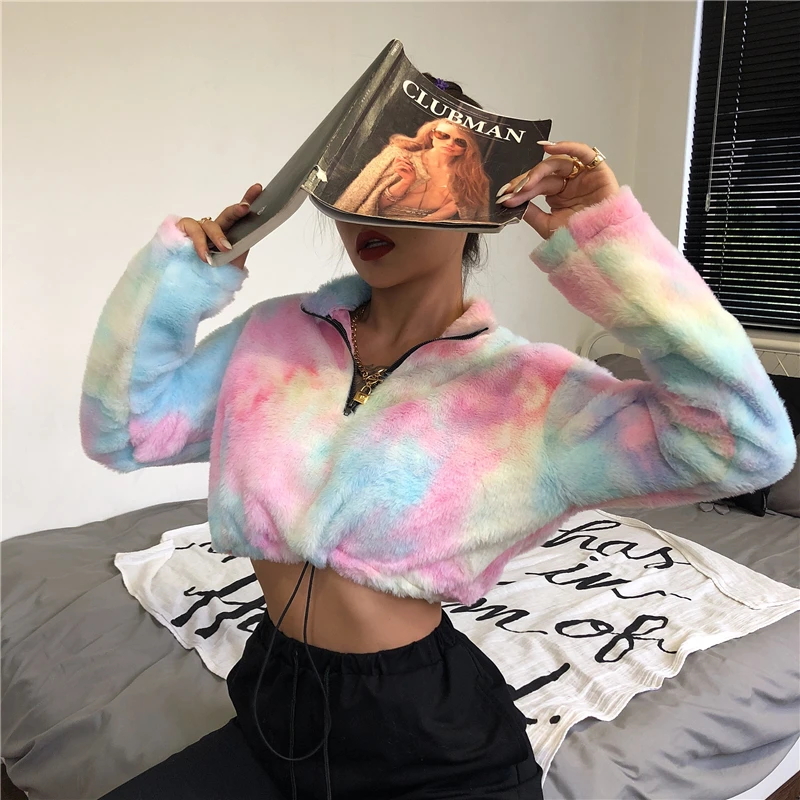 Kopen Hugcitar 2019 tie dye lange mouwen rits hoge hals Faux lamswol crop tops herfst winter vrouwen streetwear effen jas