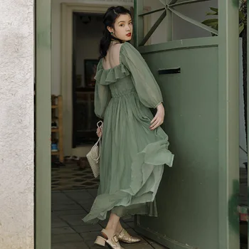 

BacklakeGirls Women Puffy Sleeve Ruffles Square Collar Chiffon Dress New Green Mesh Pullover Elastic Slim High Waist Vestidos