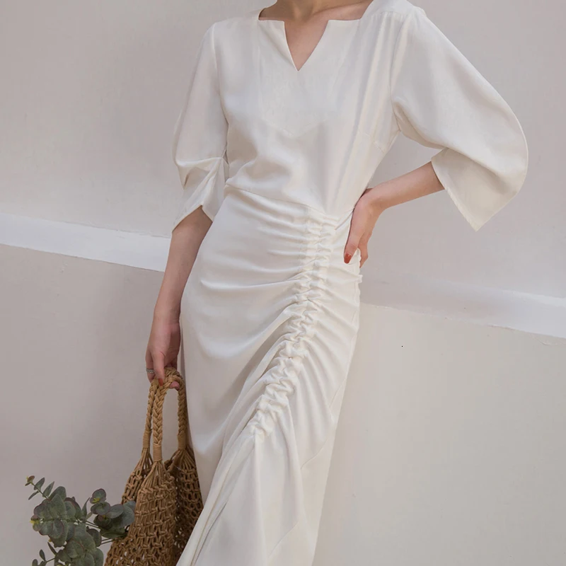 GALCAUR Drawstring Ruched женские платья три четверти рукав с высокой талией Асимметричные осенние платья Женская мода одежда