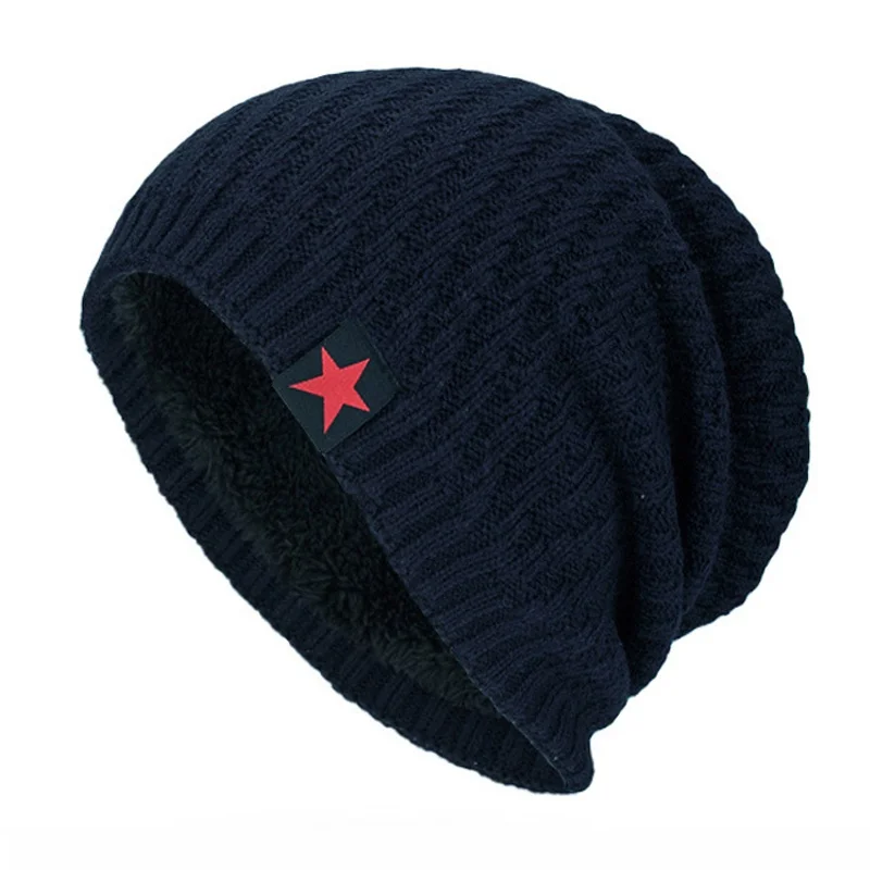 Navy JNKET модные серьги в виде пятиугольной звезды жаккардовые Для мужчин Для женщин вязаная шапка Тюбетейка зимние теплые Подкладка из флиса шапки-бини шапка Повседневное шляпа без полей - Цвет: Navy