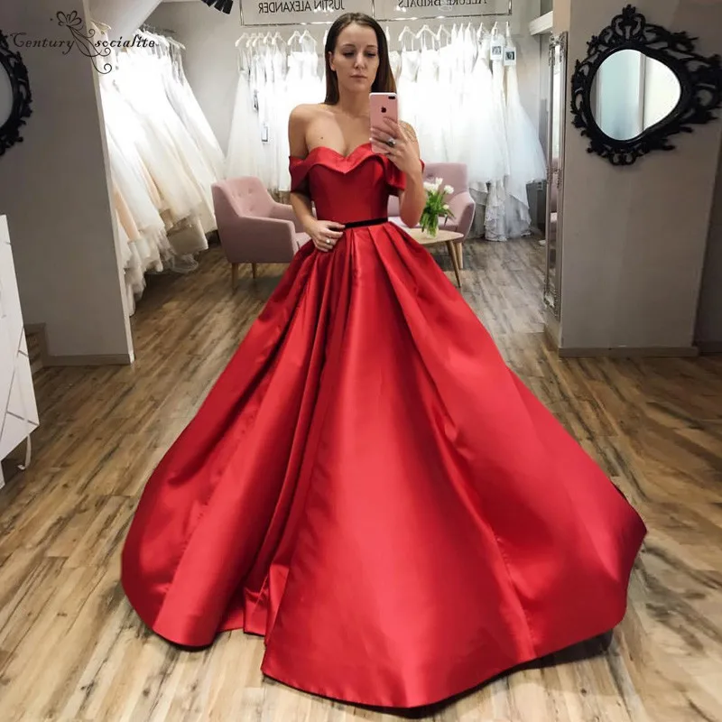 Red Satin Evening Dresses Long Off Shoulder Corset Back Simple Prom Party Dress Formal Gowns Vestido De Festa Cheap 2020 | Свадьбы и