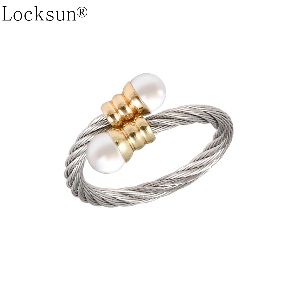 Locksun круглый жемчуг в оправке ювелирный набор из нержавеющей стали женские вечерние модные золотые серьги гвоздики Открытое кольцо настраиваемое браслет набор