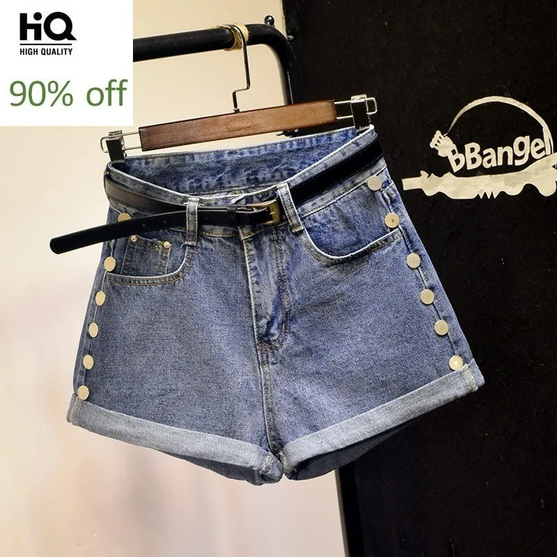 2020 летние женские джинсовые шорты в стиле панк с завышенной талией и заклепками
