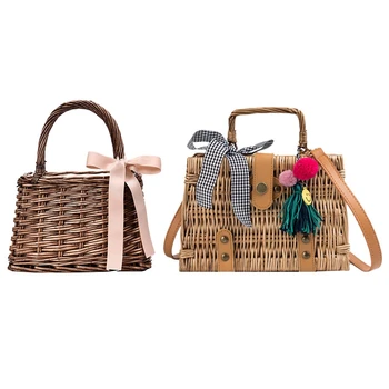 

2 Pcs Summer Fashion Woman Spliced Bow Brown Color Double Handles Light Portable Straw Handbag, 24x16x13Cm & 23x16x8Cm