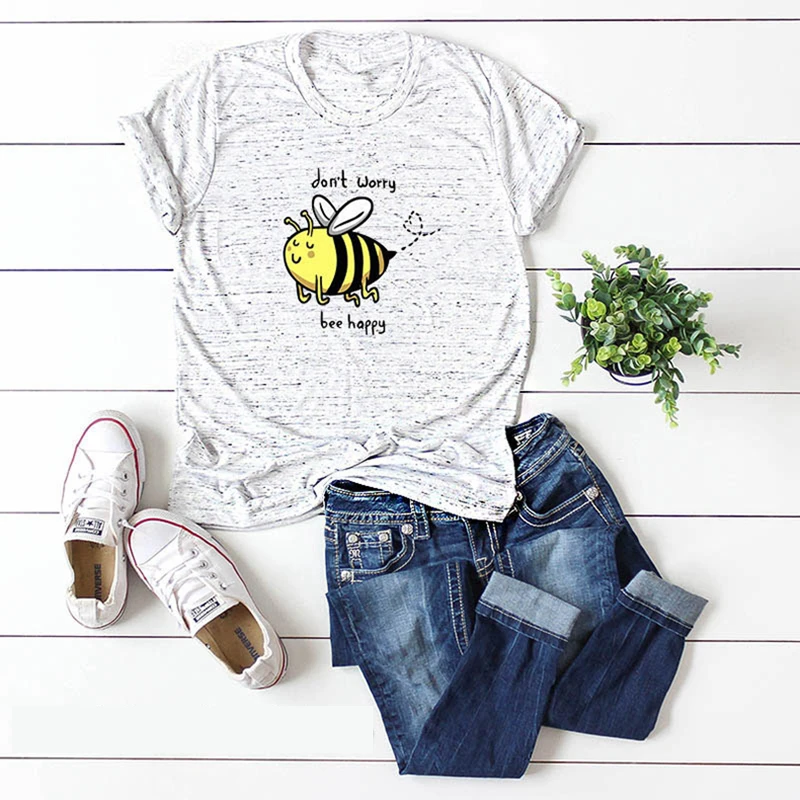Женская футболка с надписью Don't Worry Bee Happy летняя свободная короткими рукавами
