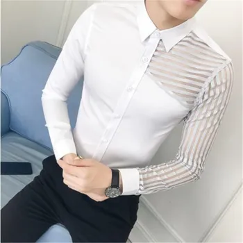 

Camisa Masculina See Through Lace Hollow Men Shirt Long Sleeve Spring 2019 Mens Shirts Casual Slim Fit Night Club chemise homme