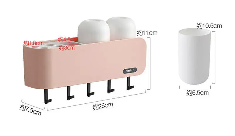 Vacclo Large Capacity Punch-free Toothbrush Toothpaste Shelf Bathroom Wall-mounted Wash Cup Holder Storage Rack With 5 Hooks