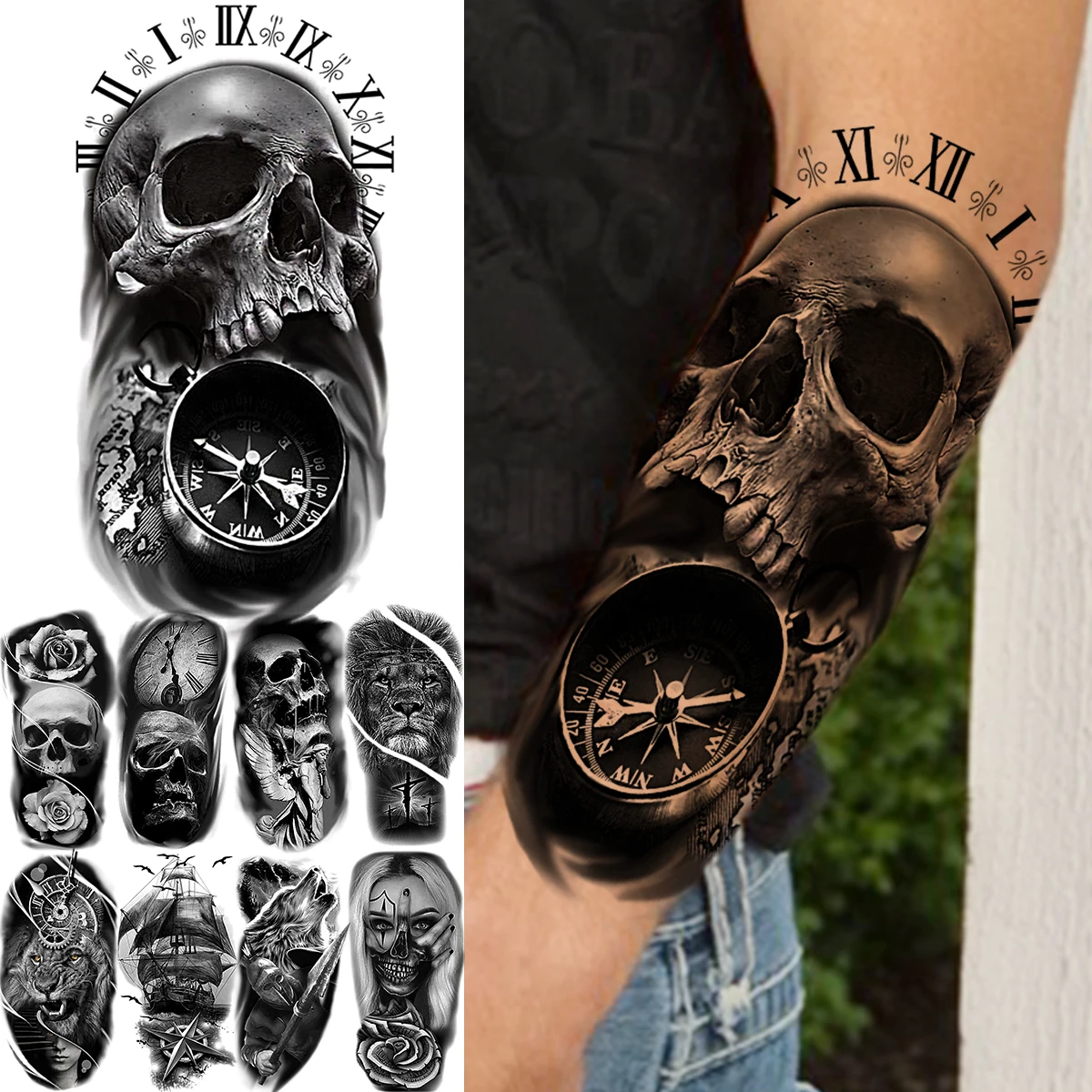 Tatouage Bateau Pirate Avant Bras Faux Tatouages Temporaires Pour Hommes Adultes, Tête De Crâne Noir,  Boussole, Bateau De Pirate, Fleur De Lion, Faux Tatouage, Art Corporel,  Étanche - Temporaire Tatouages - AliExpress
