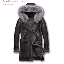 Натуральная овчина, зимняя куртка из натуральной кожи, мужская куртка с воротником из лисьего меха и капюшоном, теплые винтажные кожаные куртки 5218