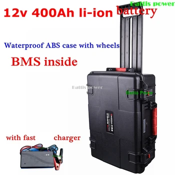

Waterproof 12V 400AH lithium ion battery li ion with BMS wheel trolley case for Solar inverter caravan boat UPS + 20A Charger