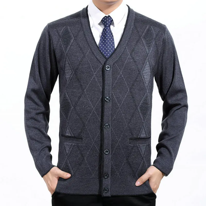 Men Argyle Wool Cardigan Sweaters Smart Casual Camel Gray Plaid Pattern Textured Knit Tops Male V-neck Single Breasted Knitwear