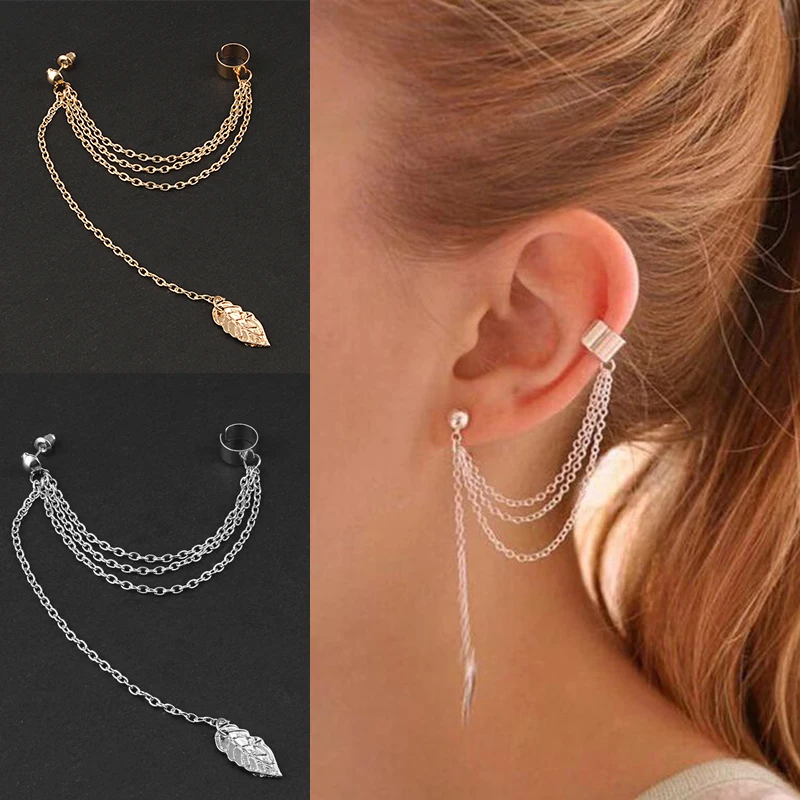 

Personality Leaf Tassel Clip Earrings for Women Ear Cuff Gold Silver Punk Ear clip Earrings Pendientes Jewelry Accessories Gift