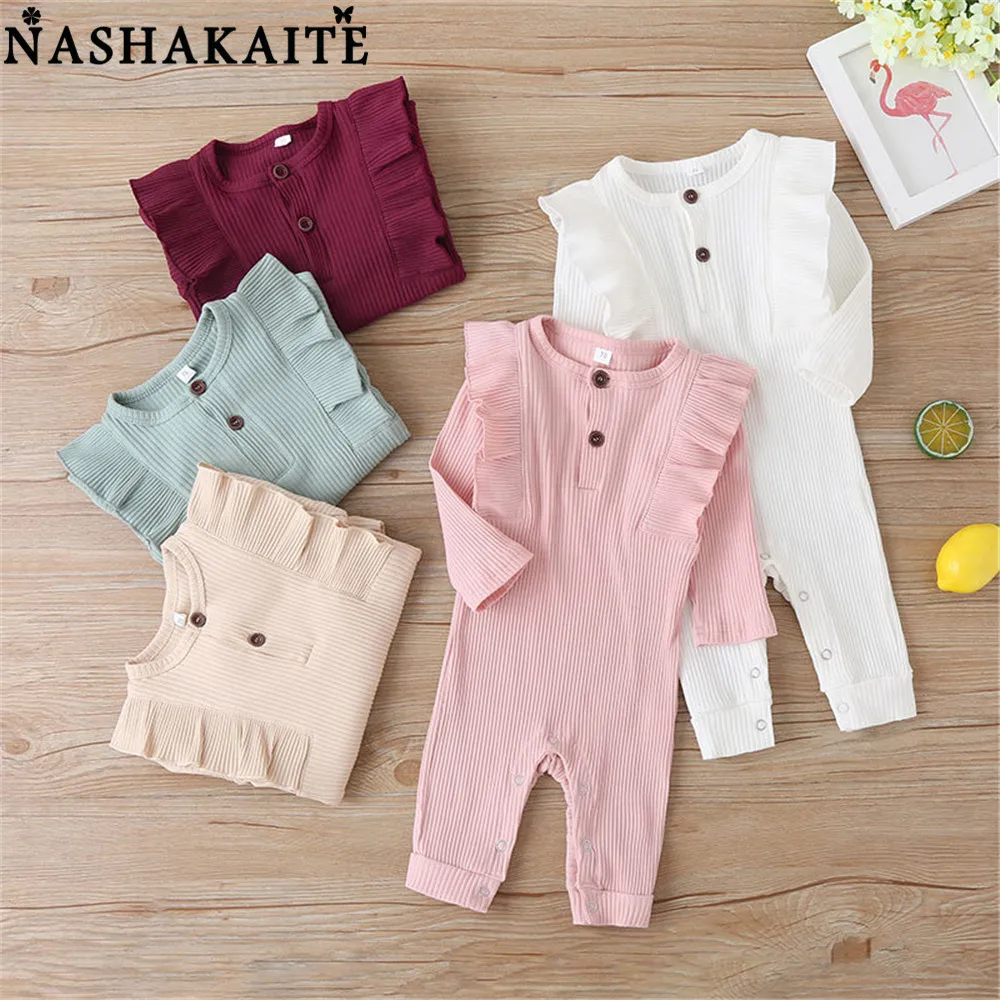 

NASHAKAITE Baby Girl Romper Knitted Cotton Solid Ruffle Sleepwear for Newborns Infant Overalls Autumn Baby Girl Clothing