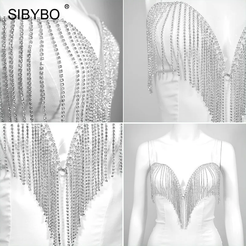 Сексуальное женское платье с открытой спиной и кисточками, SIBYBO бриллиантами, тонкими бретельками и v-образным вырезом, облегающее мини-платье с открытой спиной, Клубные вечерние платья