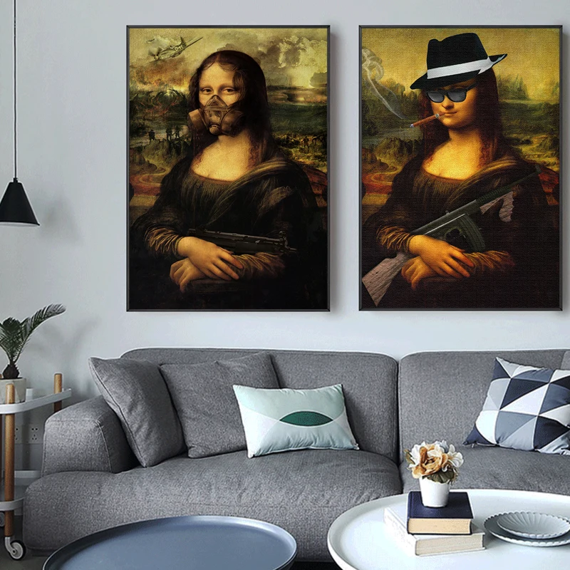 Funny Art Mona-Lisa Holding Dog Canvas Wall Art Painting Posters and Prints Nordic Pictures Living Room Decoration Unframed 