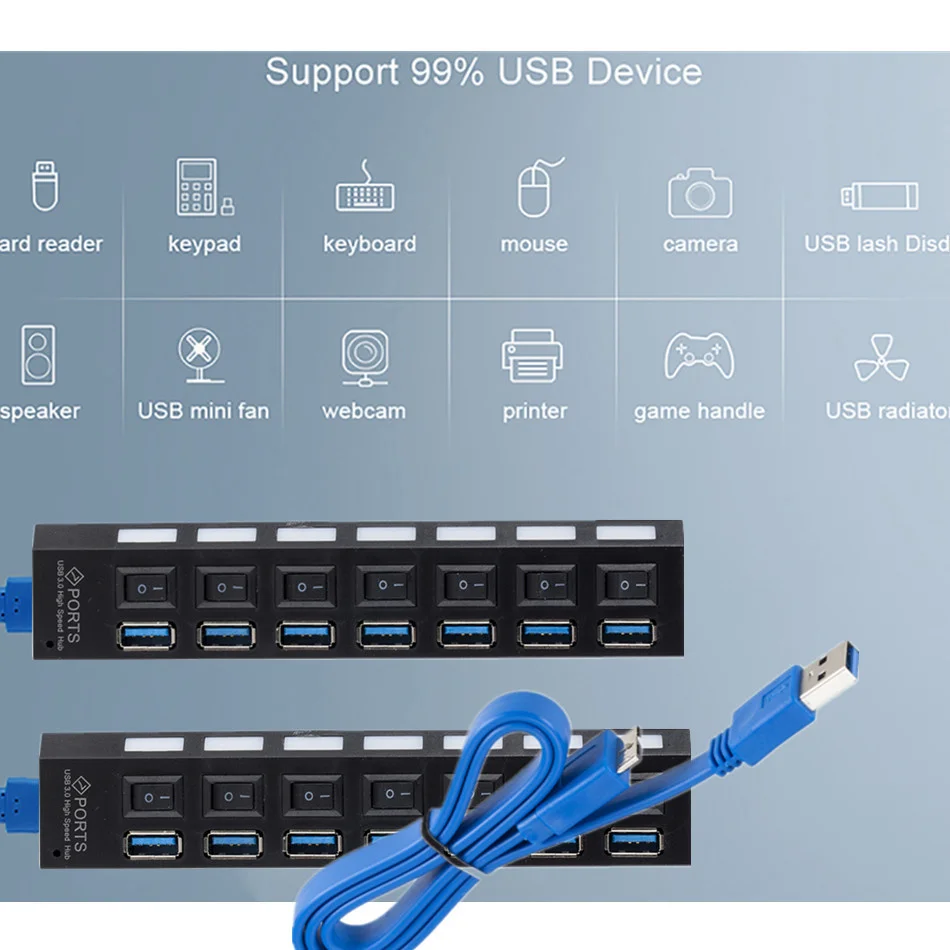 7-Port USB 3.0 Hub with Power Adapter and Individual Switches