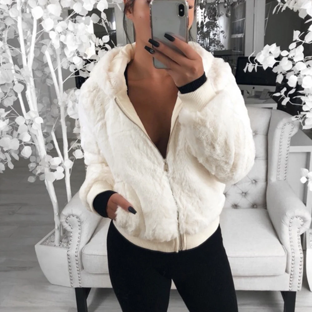 

2019 New Faux Fur Coat Hooded Fashion Slim Rabbit Fur Jackets Warm Long Sleeve Female Outerwear Autumn Winter Short Coat D25