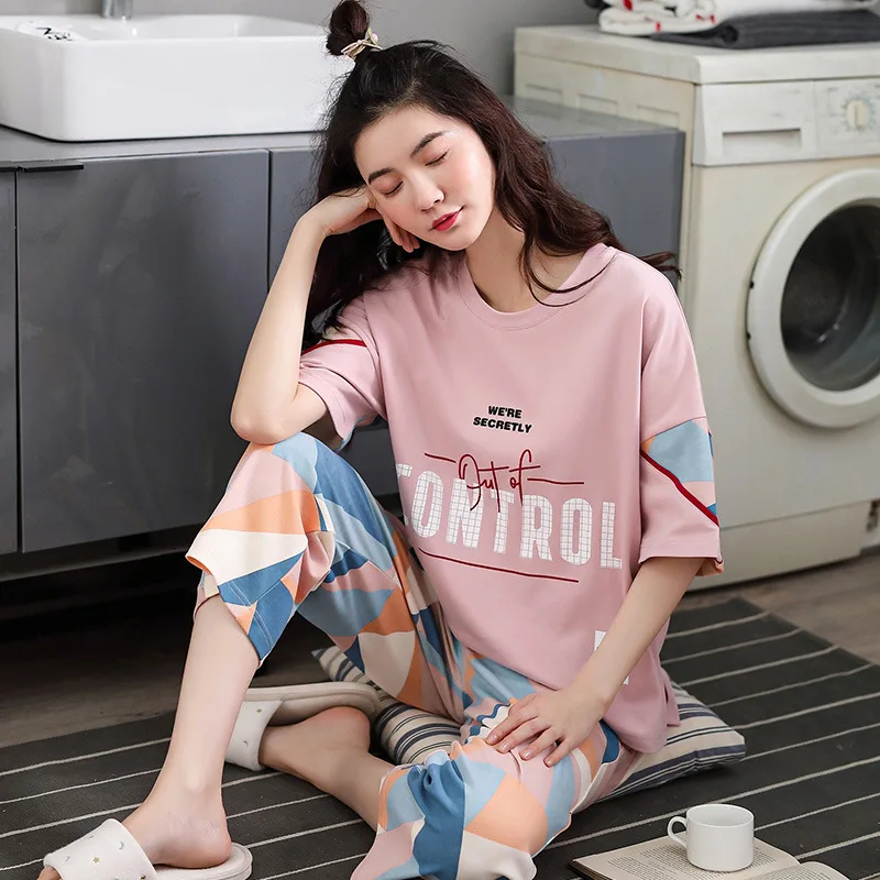 Printed Shirts and Pants Homewear Loose Cotton Pijama Women Spring Summer 2020 Casual Crew Neck Short Sleeve  Pajamas