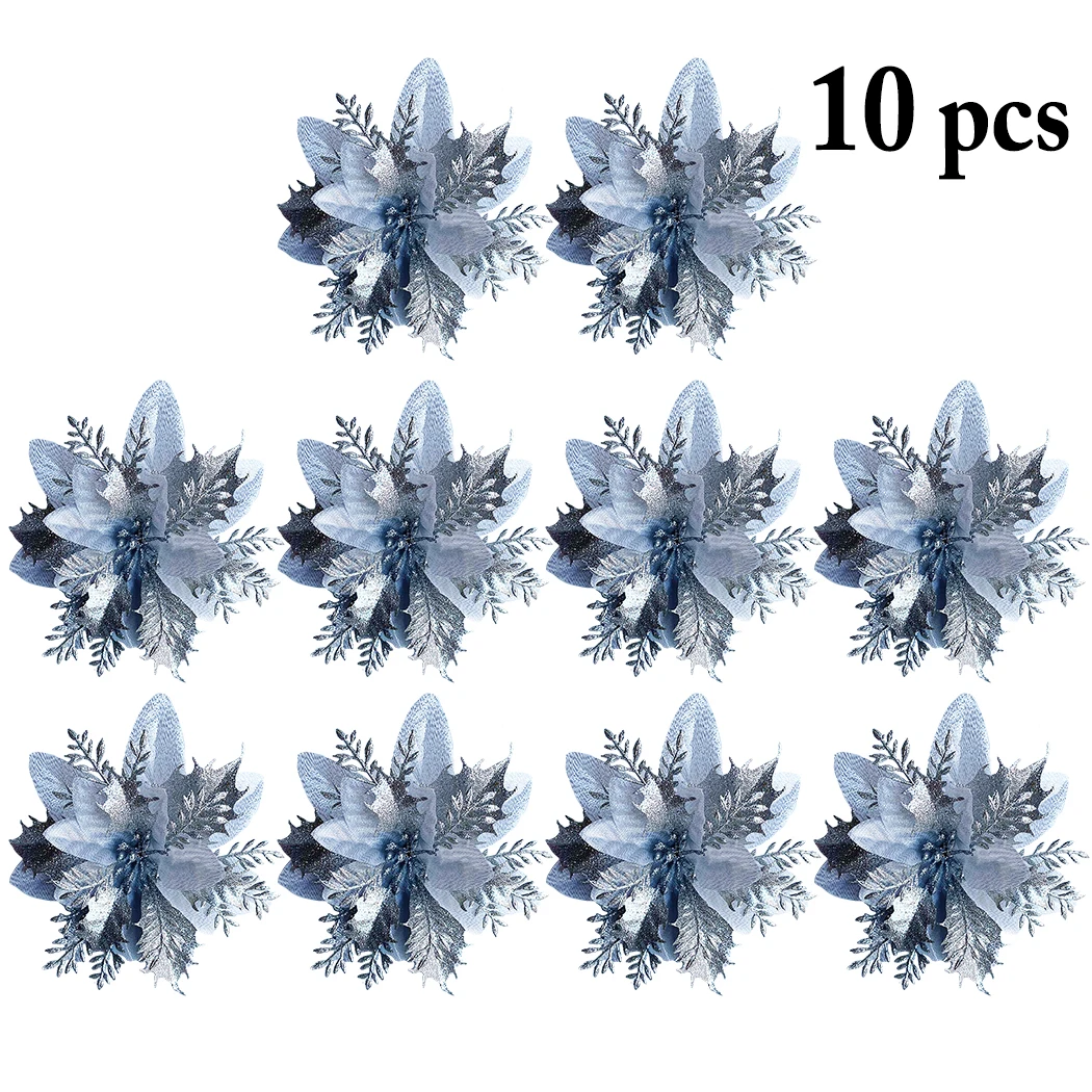 10pcs Artificial Flowers For Decoration Glitter Poinsettia Fake Flowers DIY Home Wedding Decoration Flower Head Christmas