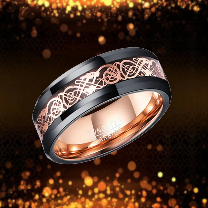

Для мужчин 8 мм черный Вольфрам карбида обручальное кольцо из розового золота Дракон кельтский инкрустация вольфрамового кольца Вольфрам кольцо Юбилей Обручение Для мужчин футболка для девочек; Мини-Юбка Для мужчин