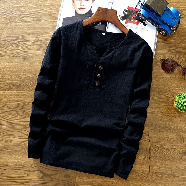 black-3 button Мужские хлопковые льняные рубашки с длинным рукавом, повседневные, размера плюс 5XL, v-образный вырез, выше размера, китайский стиль, черный цвет, хаки, топы, футболки на осень и зиму - Цвет: black-3 button