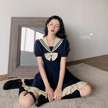 

2020 Summer Sailor Navy Collar Dress High Waist Sweet JK Uniform Dress Cute Short Sleeve Loose Hemline Dress
