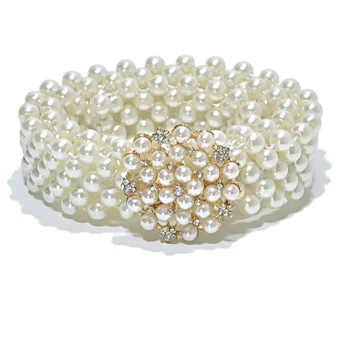 

Hot Selling European and American Women's Pearl Elastic Waist Chain Women's Diamond Inlaid Pearl Decoration Elastic Wide Belt