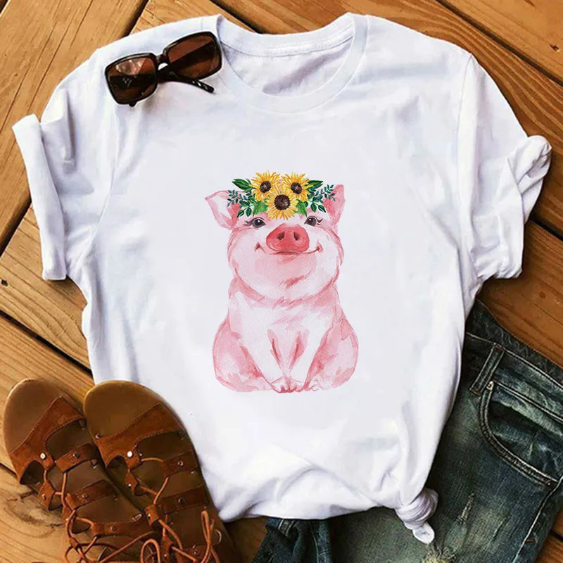 

Animal Flower Print T-shirt Short Sleeve Women's Casual Women Harajuku Graphic Woman T-shirt