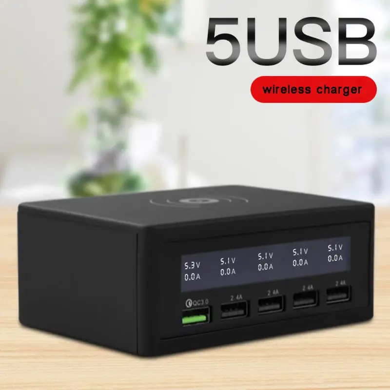 6-in-1 6-in-1 Multiple Phone QC 3.0 Charging Station 5 USB Ports and 10W QI Wireless Fast Charger with Voltage Current Display